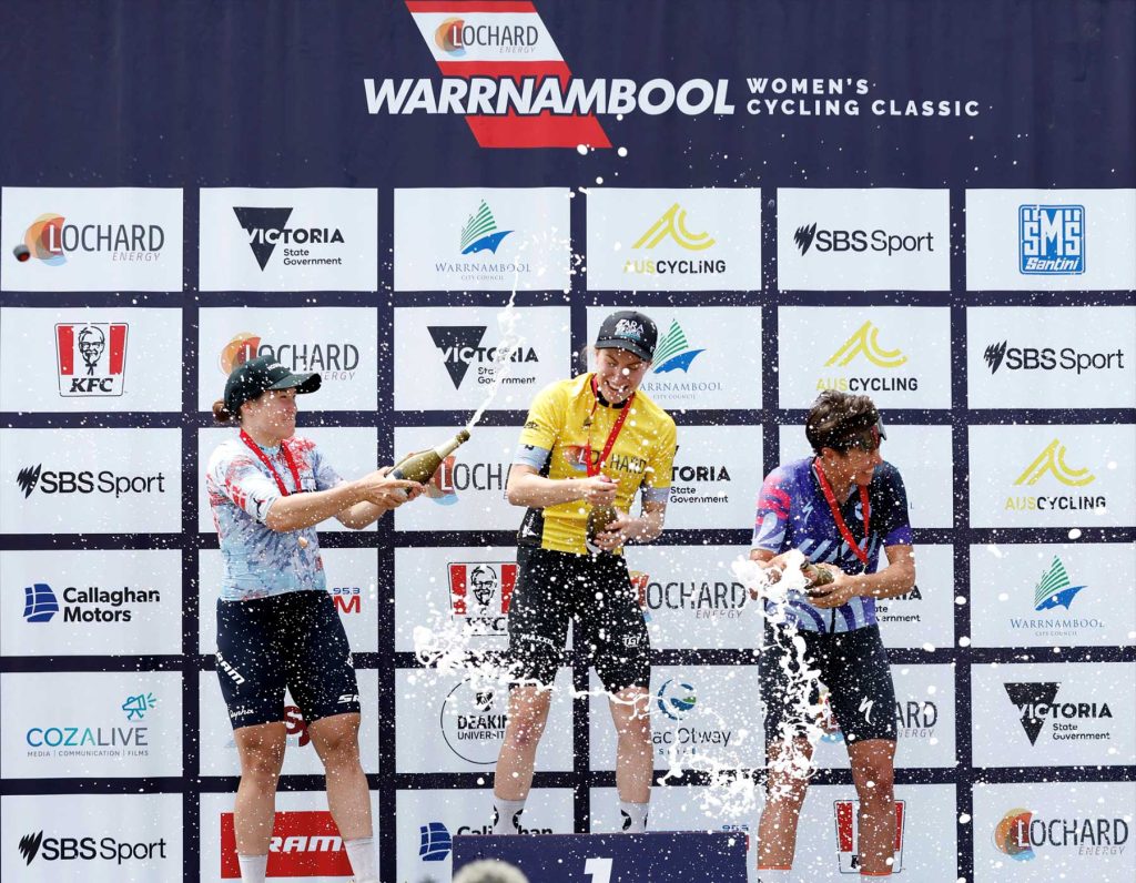 Sophie Edwards, Chloe Hosking and Matilda Raynolds on the 2023 Lochard Energy Warrnambool Women's Classic podium.